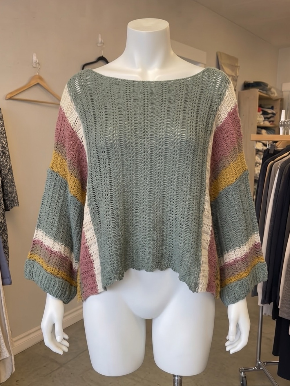 By Together Boho Sage Green Striped Open Knit Crochet Sweater Bell Sleeve Size M